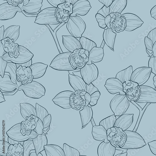 Wallpaper Mural Vector seamless pattern with many big opened orchids  branch on the pale blue background. Detailed floral composition. Quick plant sketch. Linear illustration for spring layouts design. Vintage flower Torontodigital.ca