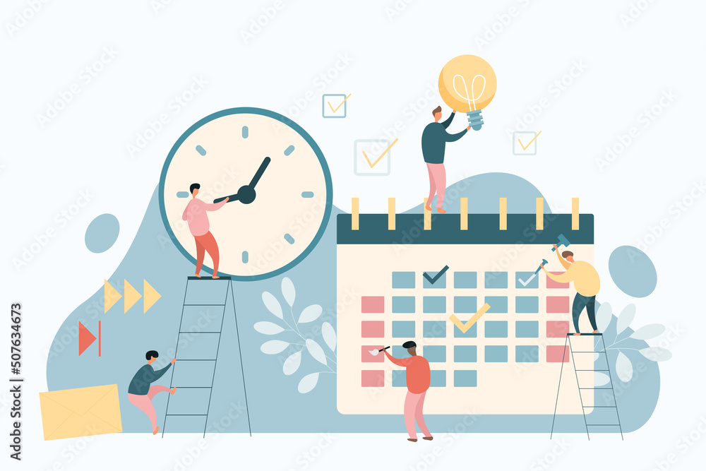 Employees work with calendar to plan and organize upcoming tasks. Tiny business people standing on ladder with clock, holding light bulb flat vector illustration. Productivity, time management concept Employees work with calendar to plan and organize upcoming tasks. Tiny business people standing on ladder with clock, holding light bulb flat vector illustration. Productivity, time management concept