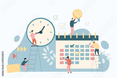 Employees work with calendar to plan and organize upcoming tasks. Tiny business people standing on ladder with clock, holding light bulb flat vector illustration. Productivity, time management concept photo