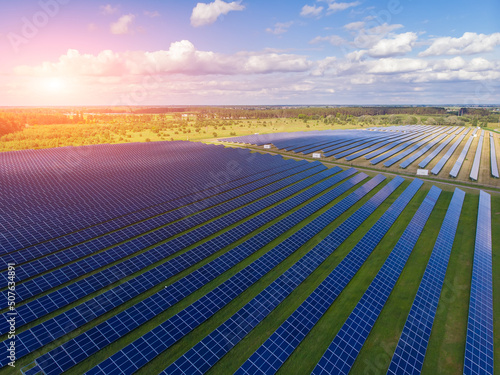 aerial view of solar panels on a sunny day.