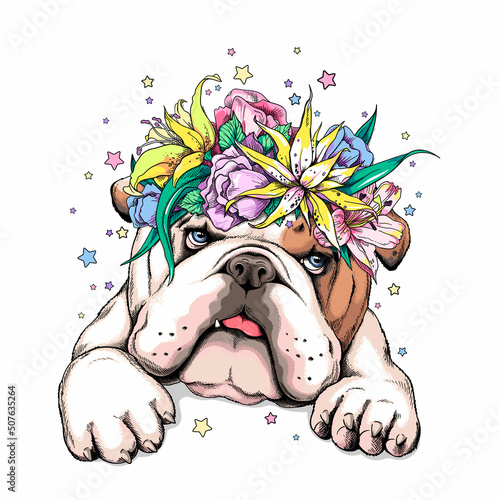 Cute english bulldog in floral wreath. Vector illustration in hand-drawn style. Image for printing on any surface	