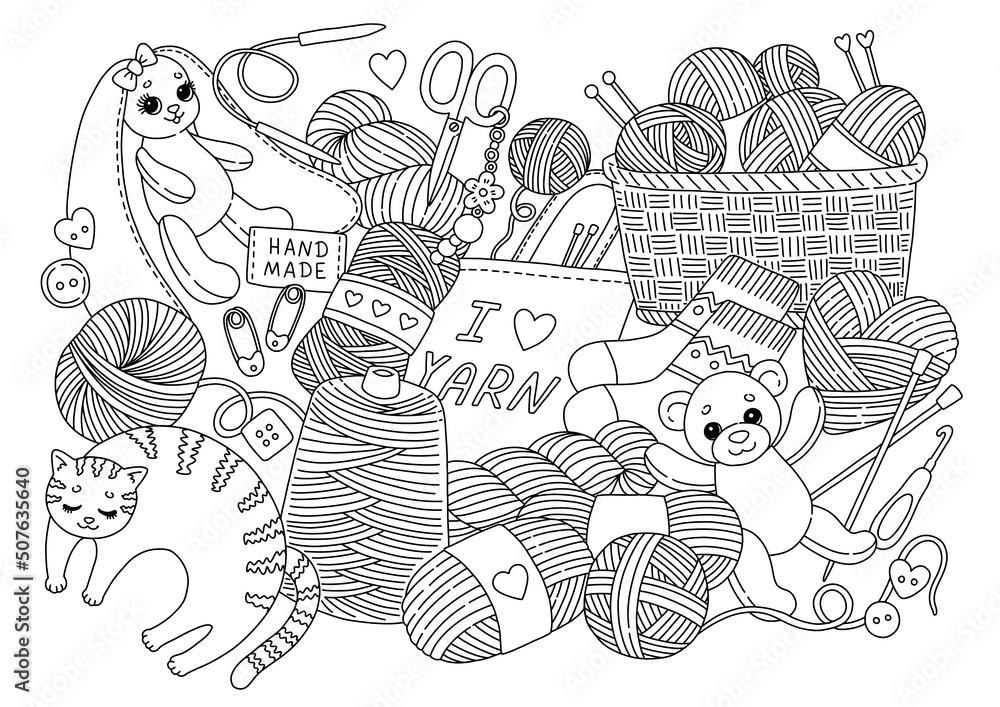 Yarn and knitting doodle coloring page vector
