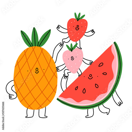 Cute pineapple, watermelon and strawberry fruit characters, vector illustration
