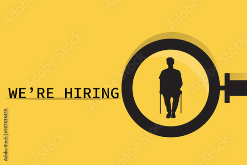 Hiring and recruitment poster or banner vector concept in minimalist style with man on chair. Symbol of vacancies, job offers, career development, job advertisement.