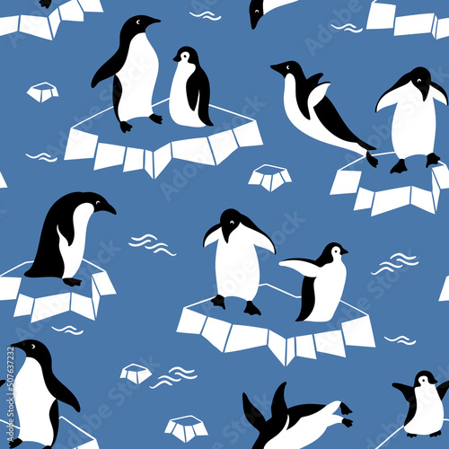 Hand drawn seamless vector pattern with cute penguins on ice. Perfect for textile, wallpaper or print design.