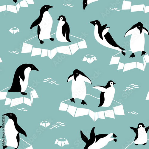 Hand drawn seamless vector pattern with cute penguins on ice. Perfect for textile, wallpaper or print design.