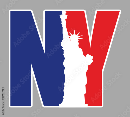 NY, New York Logo Type Icon with Statue of Liberty Vector Illustration and American Flag Background. New York City T-shirt apparel fashion design.