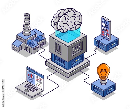 Flat isometric concept illustration. artificial intelligence to help enterprise business
