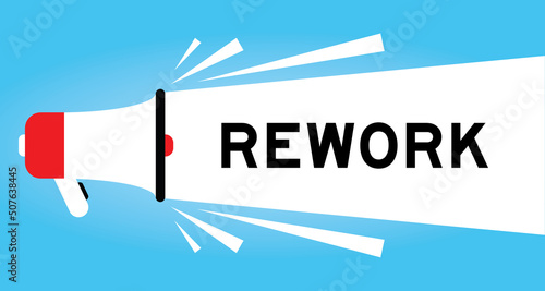 Color megaphone icon with word rework in white banner on blue background