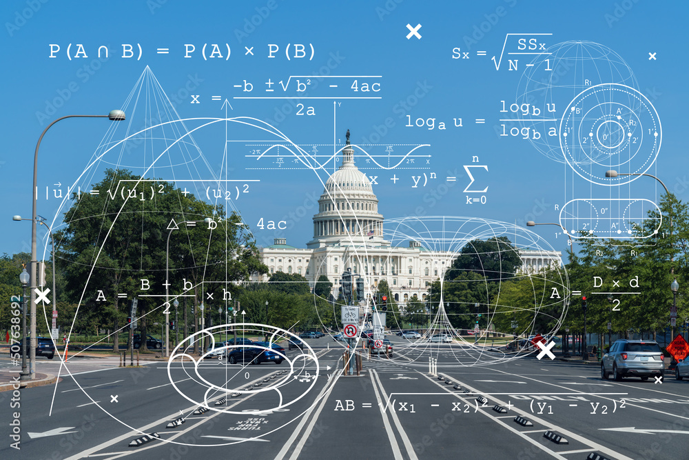 Capitol dome building exterior, Washington DC, USA. Home of Congress, Capitol Hill. American political system. Technologies and education concept. Academic research, top ranking university, hologram - obrazy, fototapety, plakaty 