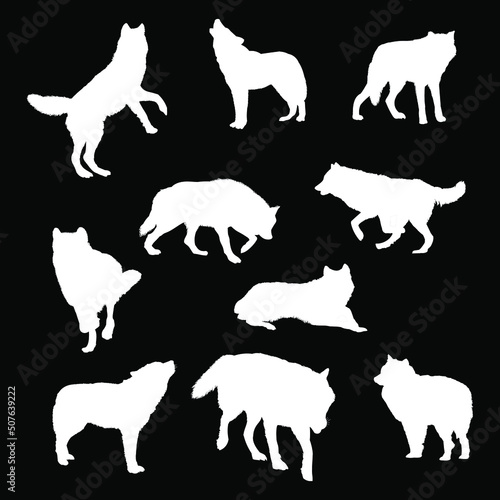 10 wolves silhouette isolated on black background. easy editable.