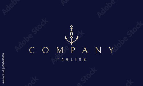 Vector golden logo on which an abstract image of a ships anchor with a fish.