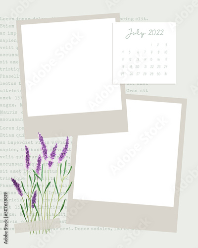 Calendar ollage vintage July 2022 To do list , planner note-taking ,scrapbooking, lavender and old newspaper , ideas, plans, reminders. Vector illustration photo