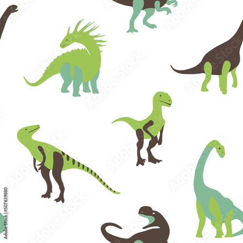 Vector seamless pattern of different types of dinosaurs on a white background