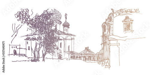 Russian monastery back yard, church with wooden shingles on the onion domes, old houses ruins. Gold colored vector traced drawing 