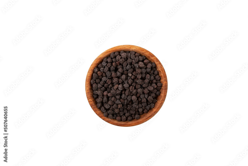 Black chickpeas in wooden bowl on white background, top view Black chickpeas in wooden bowl on white background, top view