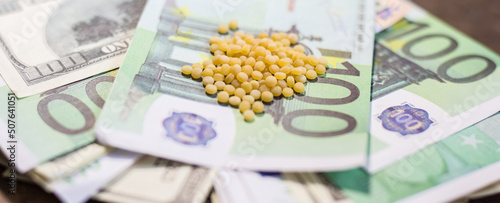 Couscous grains on banknotes. The rise in food prices in Ukraine due to the war