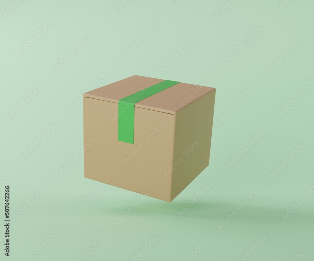 Levitate cardboard parcel box package for delivery service on green background 3D rendering illustration Levitate cardboard parcel box package for delivery service on green background 3D rendering illustration