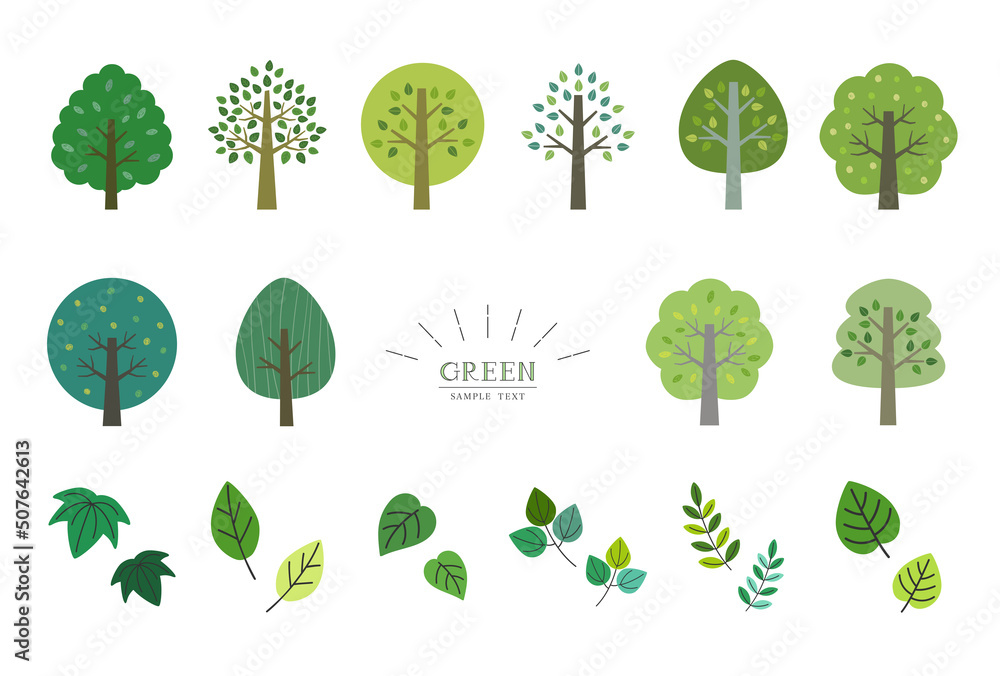 緑の木々と葉　イラスト素材セット / vector eps - obrazy, fototapety, plakaty 