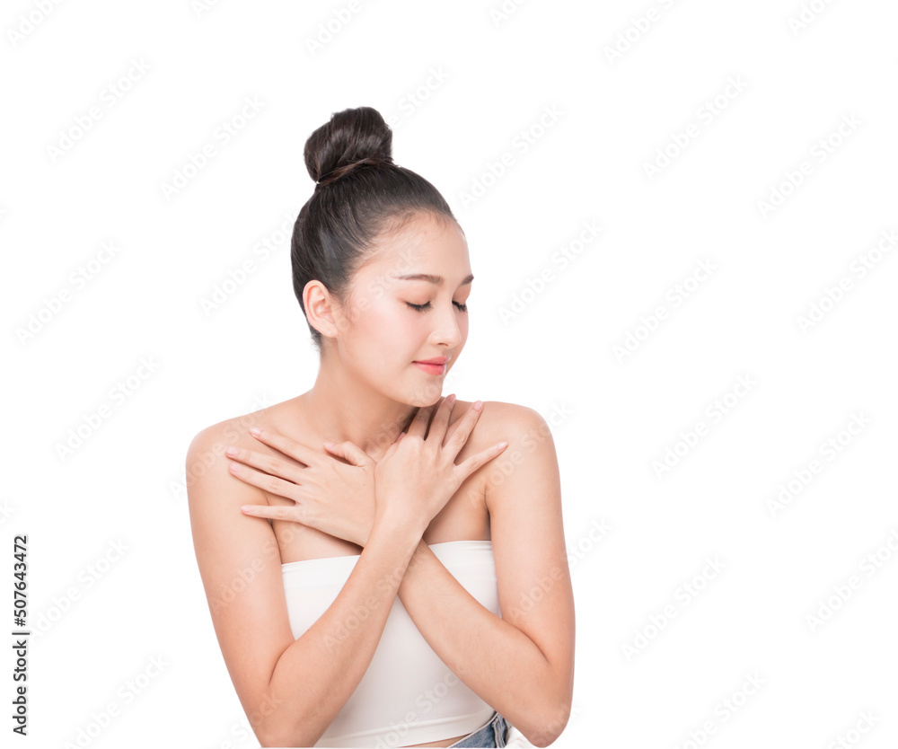 Young Beautiful Asian Woman with Clean Fresh Skin on white background. Beautiful young woman close up face with clean skin isolated on white. Portrait of beauty face woman natural healthy skin. Young Beautiful Asian Woman with Clean Fresh Skin on white background. Beautiful young woman close up face with clean skin isolated on white. Portrait of beauty face woman natural healthy skin.
