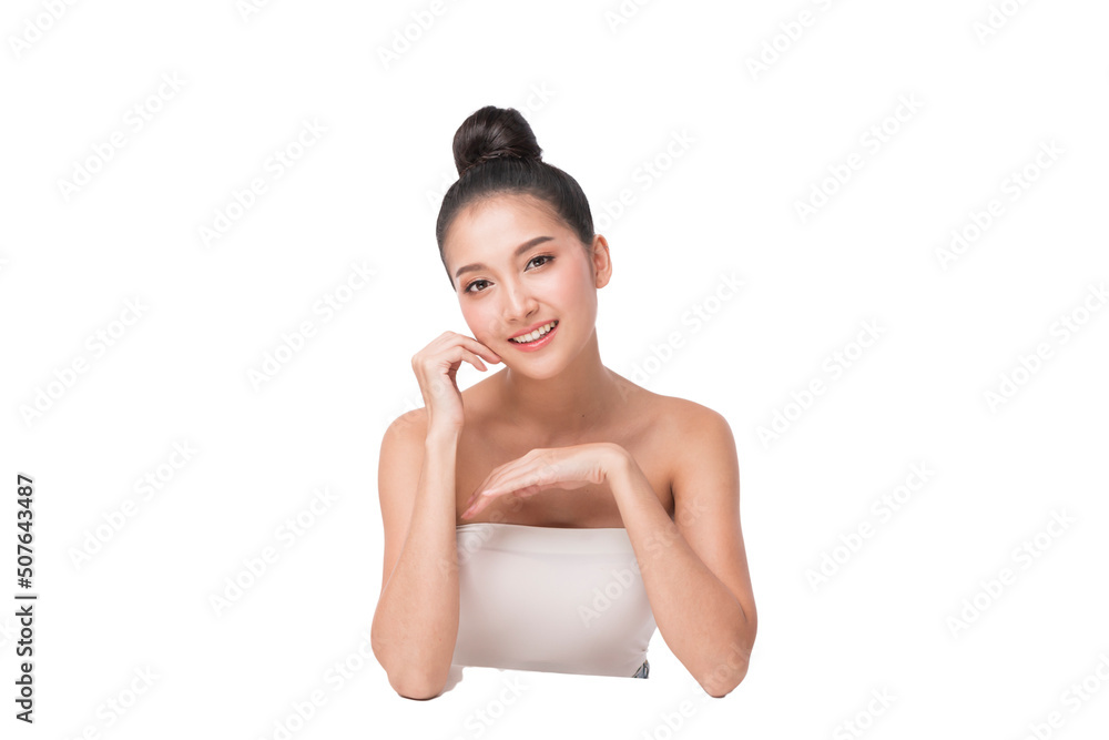 Young Beautiful Asian Woman with Clean Fresh Skin on white background. Beautiful young woman close up face with clean skin isolated on white. Portrait of beauty face woman natural healthy skin. Young Beautiful Asian Woman with Clean Fresh Skin on white background. Beautiful young woman close up face with clean skin isolated on white. Portrait of beauty face woman natural healthy skin.