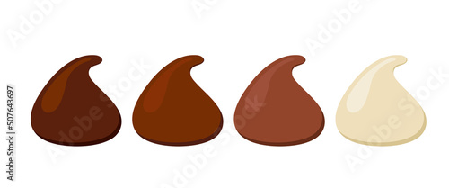 Chocolate chips for baking vector icon set. Drop dark, bitter, milky and white choco chunk for cookie cooking. Flat design cartoon style cacao sweet food morsel clip art illustration.