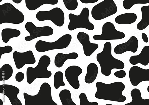Dalmatian seamless pattern, animal print with skin spot texture. Absract shapes design  dog or cow black spots on white background for fibres and textile. Simple endless leather backdrop. © Irina