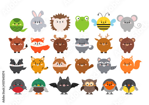 Circle cute forest animal faces icon set isolated on white. Cartoon round shape kawaii kids avatar character collection. Vector flat clip art illustration mobile ui game application wild animal asset.