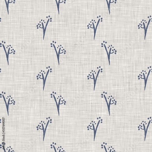 French blue botanical leaf linen seamless pattern with 2 tone country cottage style motif. Simple vintage rustic fabric textile effect. Primitive modern shabby chic kitchen cloth design.