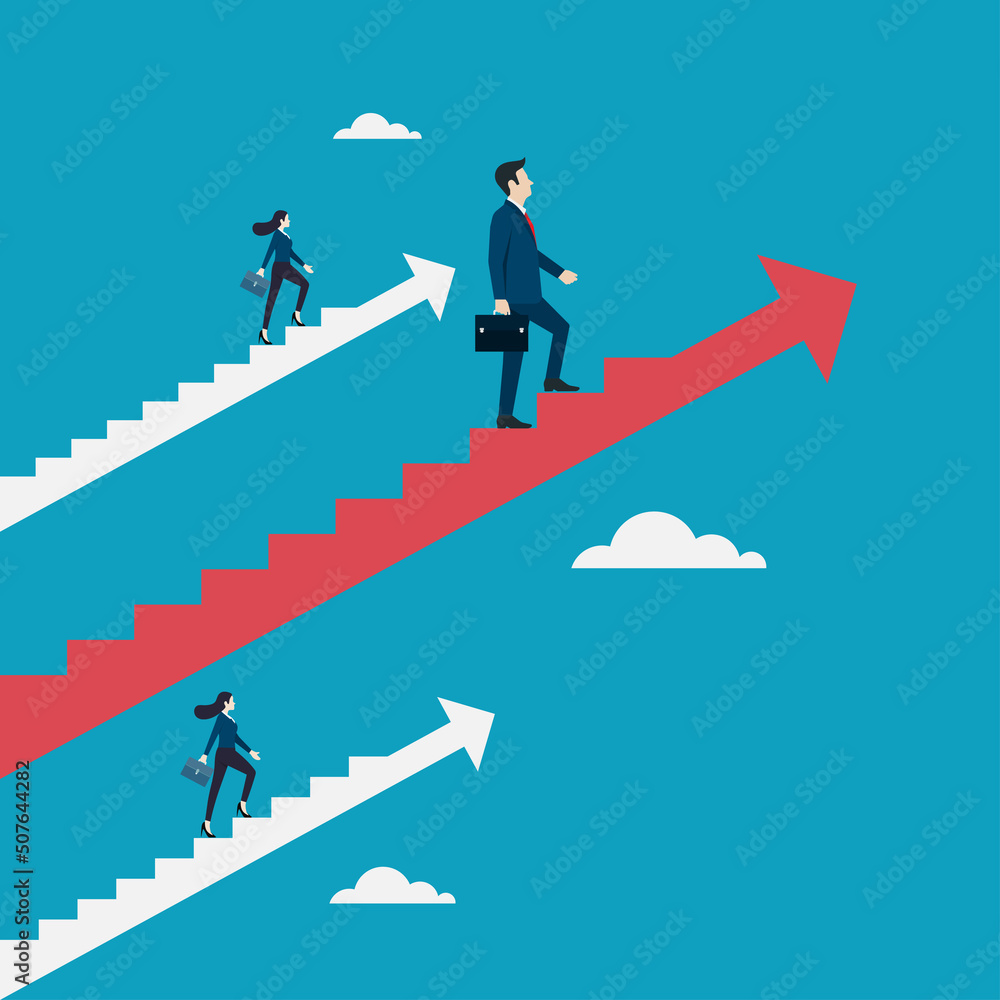 Business people walking on red arrow stair up go to success in career