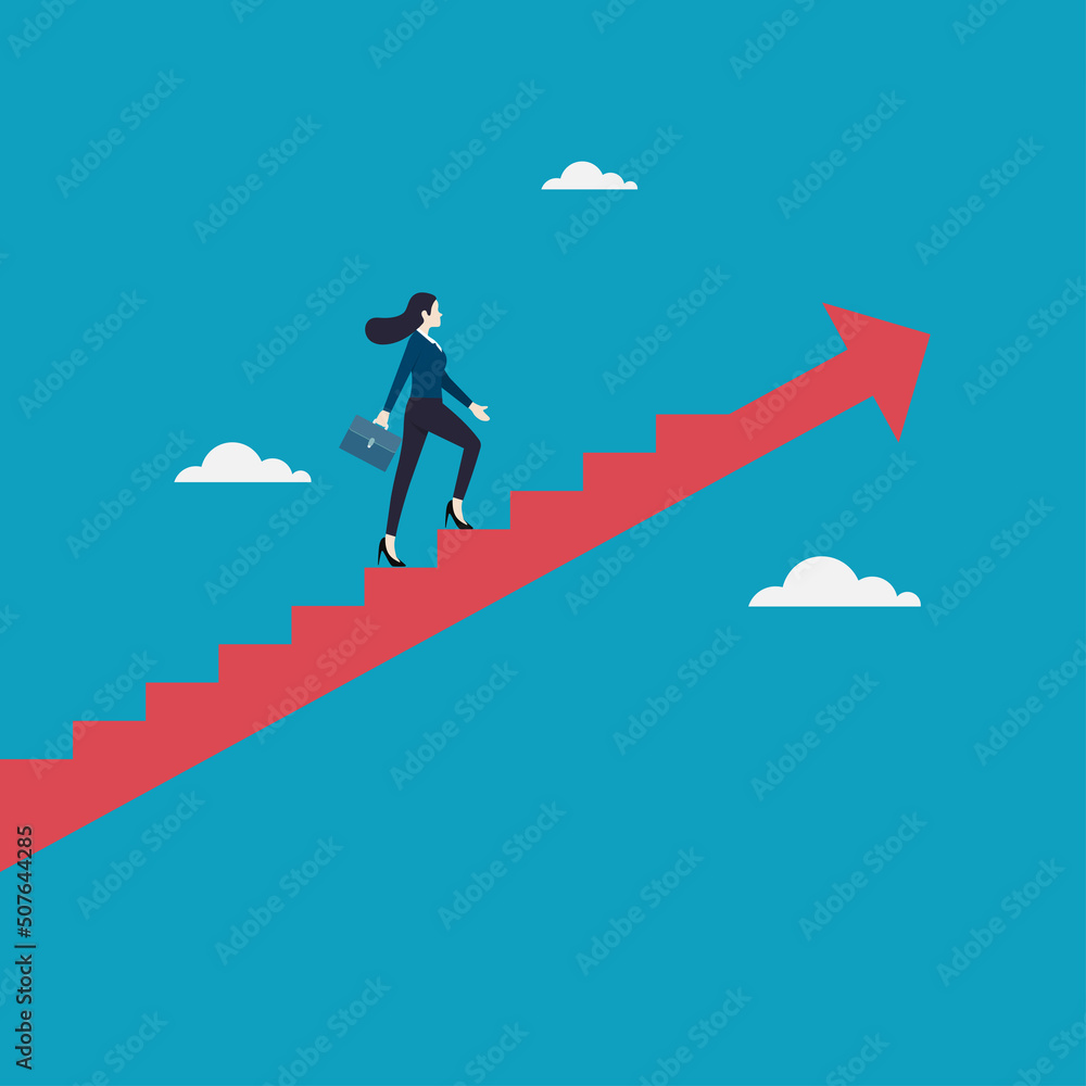 Obraz premium Business woman walking on red arrow stair up go to success in career