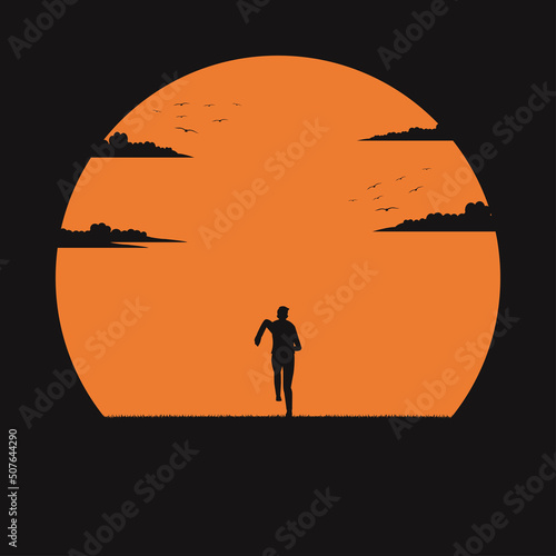 silhouette man run to the sunset