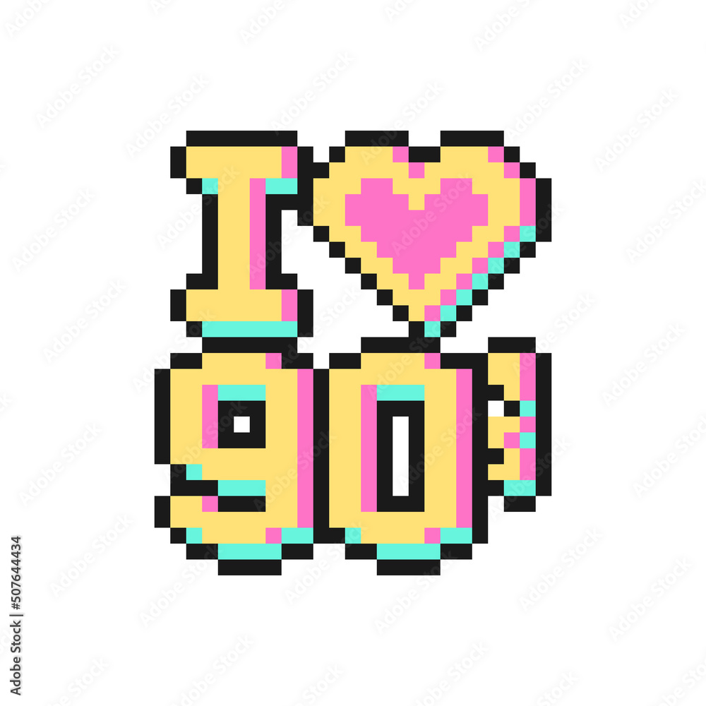 Fototapeta premium I love 90s text in pixel art style isolated on white background