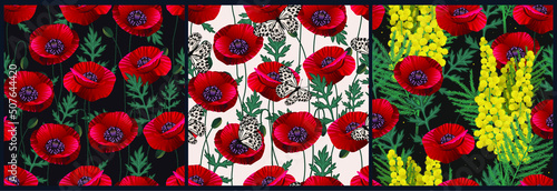 Set of seamless patterns with poppy flowers. Floral ornaments. Retro textile collection.