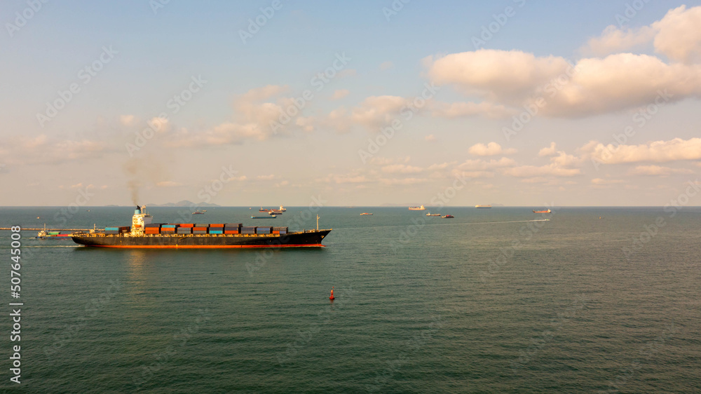 Aerial view container ship transporting freight cargo global business logistic import export international around the world, Container cargo freight shipping transportation.