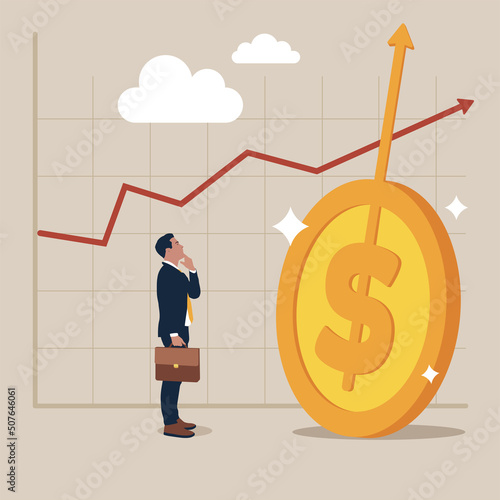 Entrepreneur investor look high at rising up arrows from dollar symbol with red chart and graph. Dollar price soaring sky high hit new high record concept.