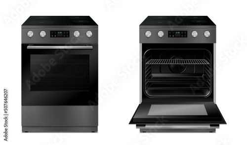 Modern electric stove, multi function stove with touch menu and timer in two views, with open and close door with light. Realistic 3d Vector illustration isolated on white background
