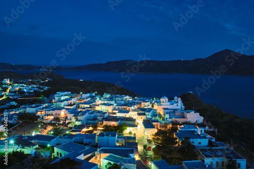 Greek town Plaka aerial view in the evening. Milos island, Greece