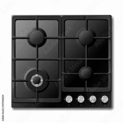 Gas cooking surface, 3d realistic vector kitchen appliance, cooktop, Surface of black gas hob isolated on white background