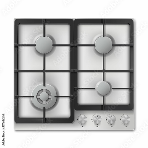 Gas cooking surface, 3d realistic vector kitchen appliance, cooktop, White Gas Hob Stove isolated on white background