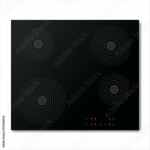 Electric stove induction cooktop with four power boost burners. Domestic equipment. Realistic smooth surface ceramic black glass. Electric hob. Top view. Home appliance. Vector illustration