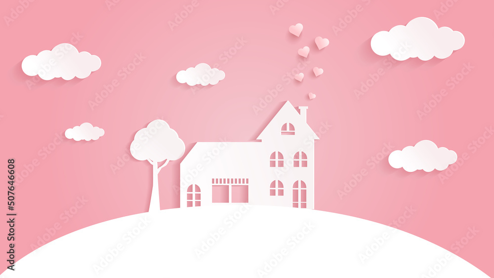 View of house with love balloons flying in pink sky love and valentine's day paper cut
