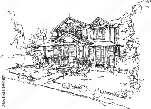 hand drawn architectural sketch of beautiful classic detached village house with garden  and trees