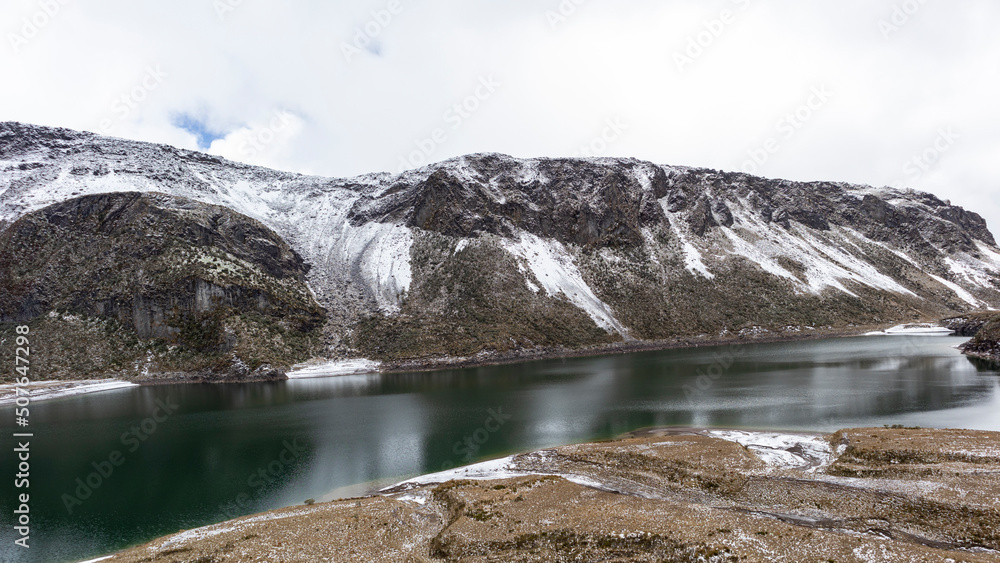 Moors, mountains, snow and lakes in the Los Nevados National Natural Park, in Manizales Caldas Colombia.