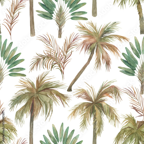Watercolor jungle seamless pattern. Tropical paradise, palm tree. Hand drawn illustration