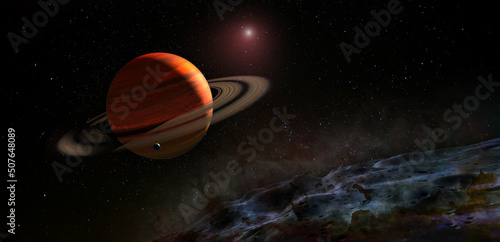 Fototapeta Naklejka Na Ścianę i Meble -  View from Titan moon on Saturn planet. Elements of this image furnished by NASA.