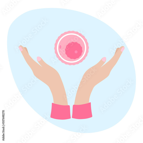 Female hands hold, give or take the egg. The concept of egg donation, motherhood, infertility treatment, women's health. Vector illustration on an abstract background