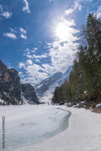frozen Lake Braies  Pragser Wildsee  Dolomites  Italy 