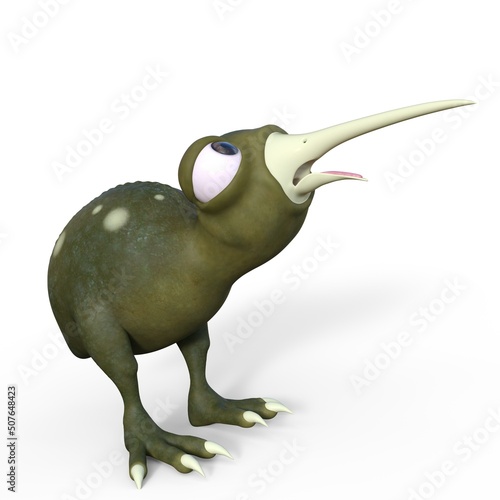 3D-illustration of a cute and funny cartoon kiwi is wondering