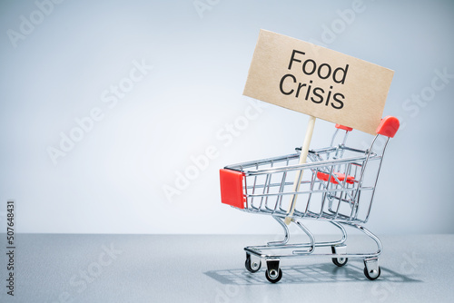  Empty shopping cart with lettering food crisis. Food crisis concept.